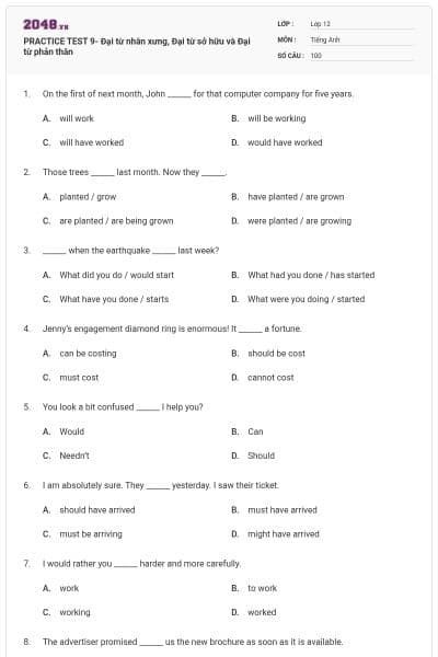 PRACTICE TEST 9- Đại từ nhân xưng, Đại từ sở hữu và Đại từ phản thân