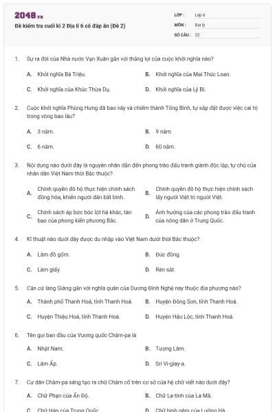 Đề kiểm tra cuối kì 2 Địa lí 6 có đáp án (Đề 2)