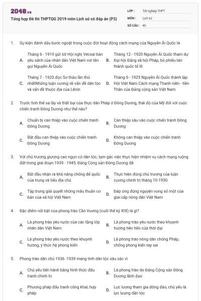 Tổng hợp Đề thi THPTQG 2019 môn Lịch sử có đáp án (P3)