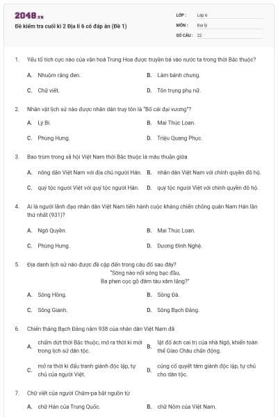 Đề kiểm tra cuối kì 2 Địa lí 6 có đáp án (Đề 1)