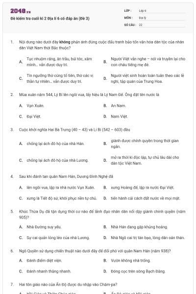 Đề kiểm tra cuối kì 2 Địa lí 6 có đáp án (Đề 3)