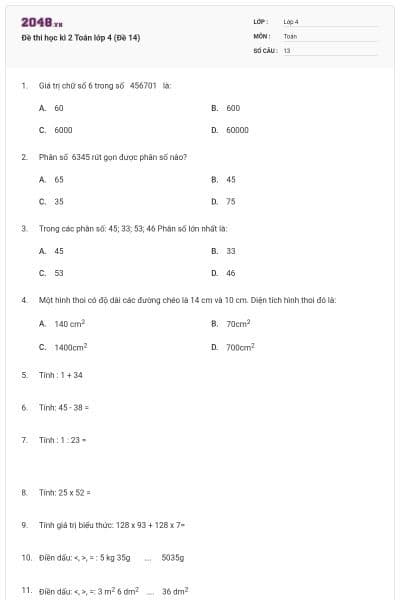 Đề thi học kì 2 Toán lớp 4 (Đề 14)