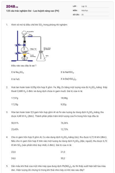 125 câu trắc nghiệm Oxi - Lưu huỳnh nâng cao (P4)