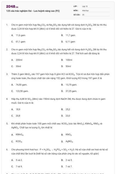 125 câu trắc nghiệm Oxi - Lưu huỳnh nâng cao (P2)