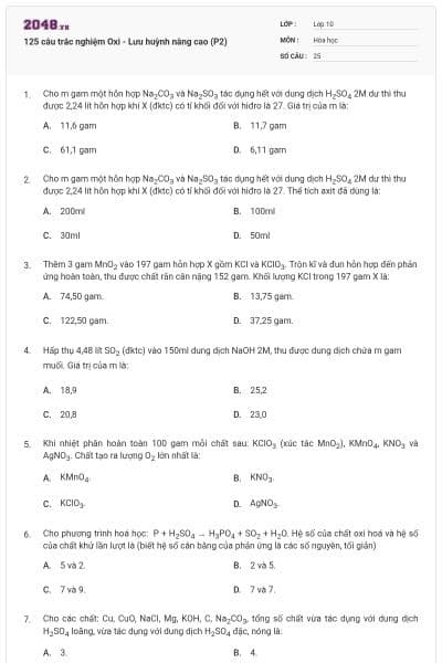 125 câu trắc nghiệm Oxi - Lưu huỳnh nâng cao (P2)