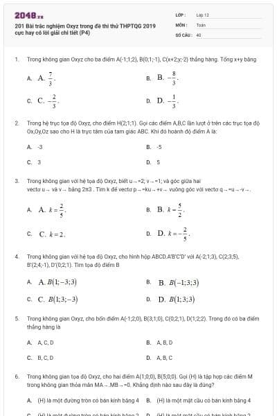 201 Bài trắc nghiệm Oxyz trong đề thi thử THPTQG 2019 cực hay có lời giải chi tiết (P4)