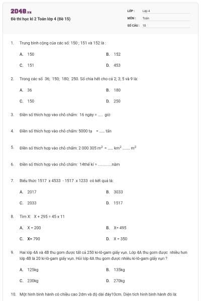Đề thi học kì 2 Toán lớp 4 (Đề 15)