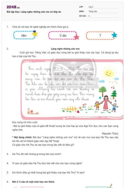Bài tập Đọc: Lắng nghe những ước mơ có đáp án