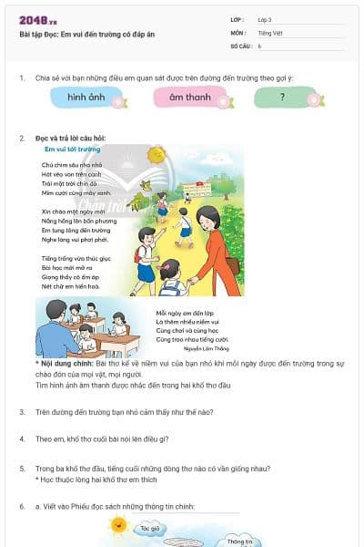 Bài tập Đọc: Em vui đến trường có đáp án