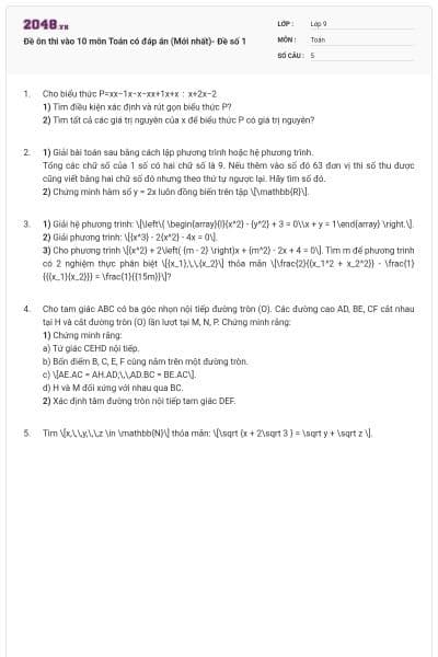 Đề ôn thi vào 10 môn Toán có đáp án (Mới nhất)- Đề số 1