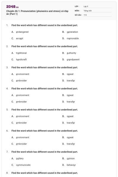 Chuyên đề 1: Pronunciation (phonenics and stress) có đáp án (Part 1)