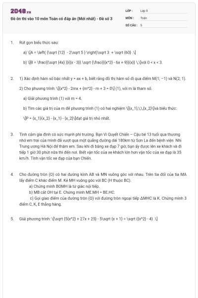 Đề ôn thi vào 10 môn Toán có đáp án (Mới nhất) - Đề số 3