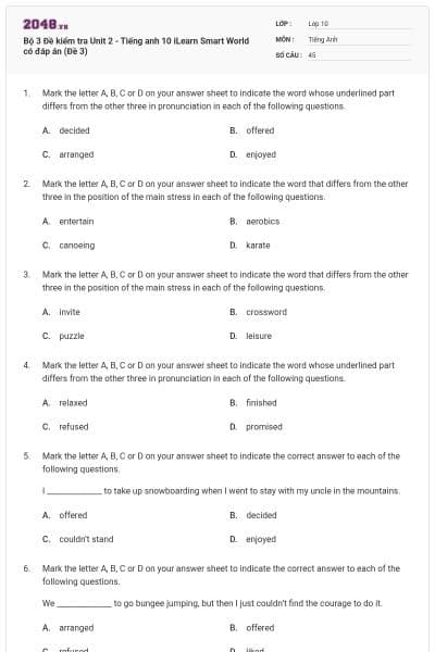 Bộ 3 Đề kiểm tra Unit 2 - Tiếng anh 10 iLearn Smart World có đáp án (Đề 3)