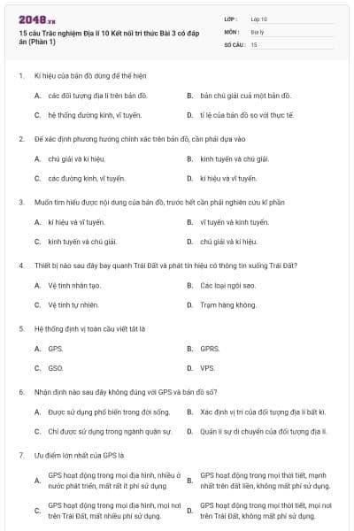 15 câu Trắc nghiệm Địa lí 10 Kết nối tri thức Bài 3 có đáp án (Phần 1)