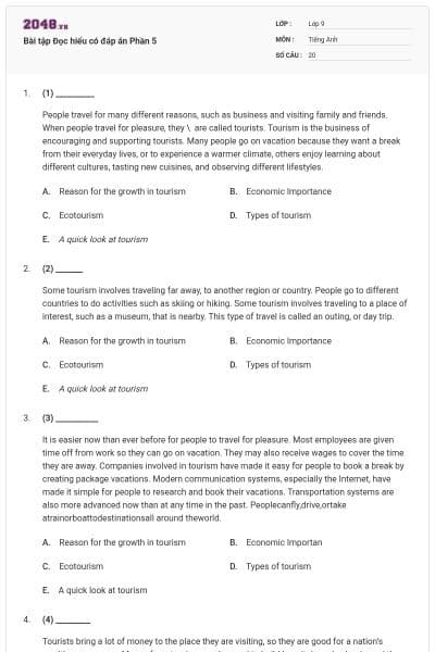 Bài tập Đọc hiểu có đáp án Phần 5