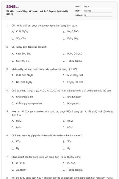 Đề kiểm tra cuối học kì 1 môn Hoá 9 có đáp án (Mới nhất) (Đề 5)