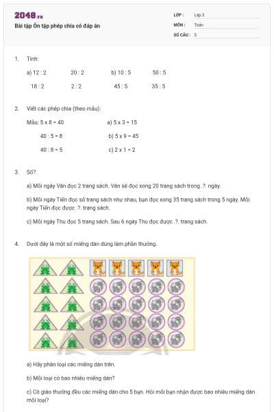 Bài tập Ôn tập phép chia có đáp án