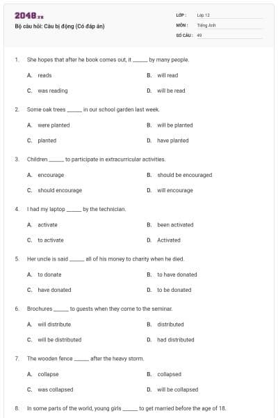 Bộ câu hỏi: Câu bị động (Có đáp án)