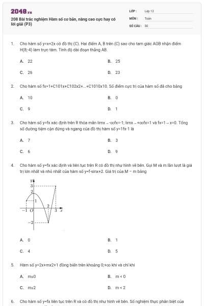 208 Bài trắc nghiệm Hàm số cơ bản, nâng cao cực hay có lời giải (P3)
