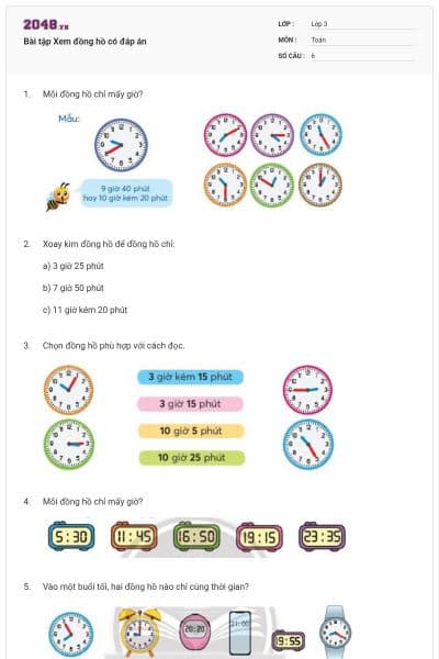 Bài tập Xem đồng hồ có đáp án
