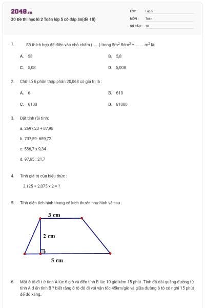 30 Đề thi học kì 2 Toán lớp 5 có đáp án(đề 18)