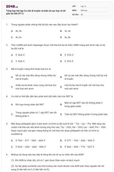 Tổng hợp bài tập Cơ chế di truyền và biến dị cực hay có lời giải chi tiết (P11)