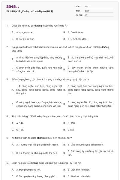 Đề thi Địa 11 giữa học kì 1 có đáp án (Đề 1)