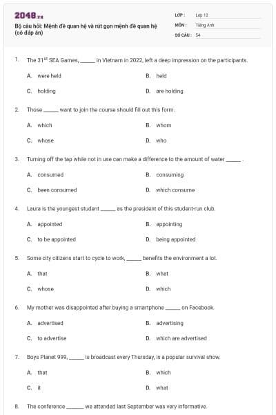 Bộ câu hỏi: Mệnh đề quan hệ và rút gọn mệnh đề quan hệ (có đáp án)