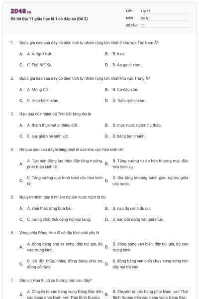 Đề thi Địa 11 giữa học kì 1 có đáp án (Đề 2)