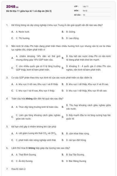 Đề thi Địa 11 giữa học kì 1 có đáp án (Đề 3)