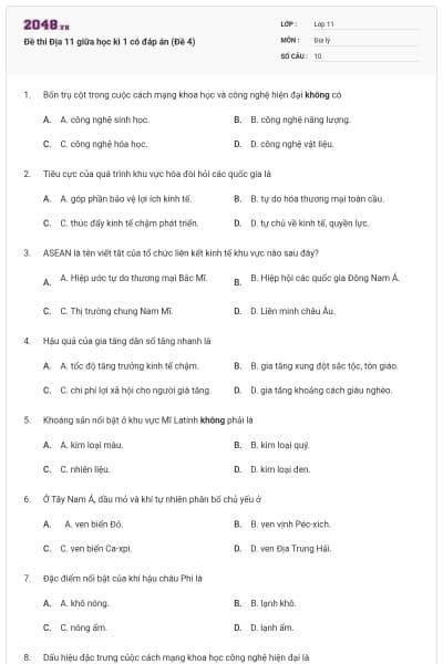 Đề thi Địa 11 giữa học kì 1 có đáp án (Đề 4)