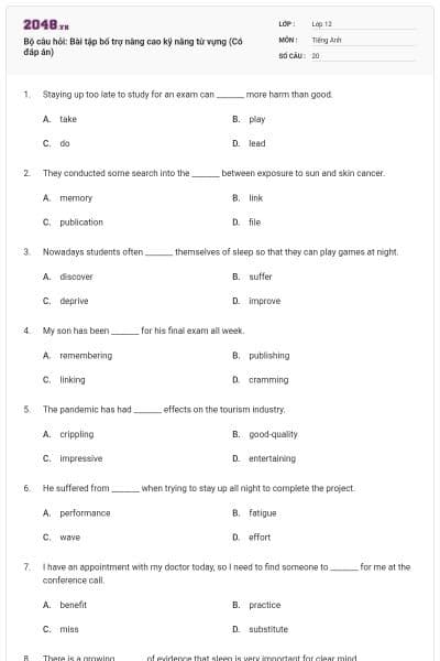 Bộ câu hỏi: Bài tập bổ trợ nâng cao kỹ năng từ vựng (Có đáp án)
