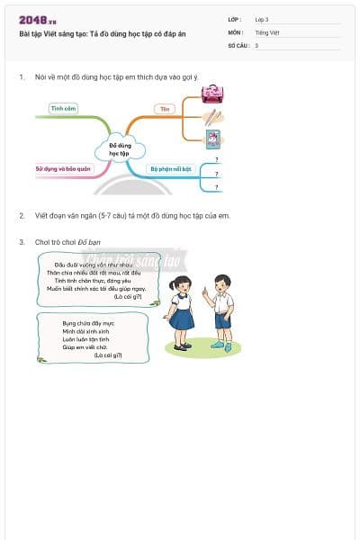 Bài tập Viết sáng tạo: Tả đồ dùng học tập có đáp án
