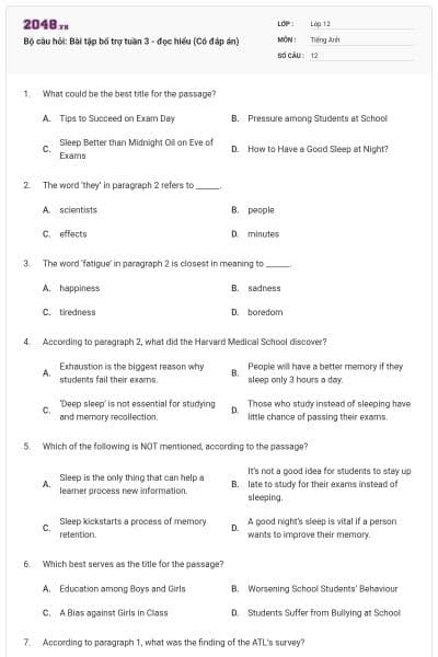 Bộ câu hỏi: Bài tập bổ trợ tuần 3 - đọc hiểu (Có đáp án)