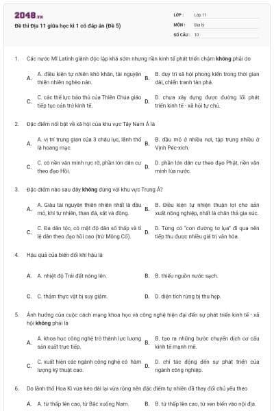 Đề thi Địa 11 giữa học kì 1 có đáp án (Đề 5)