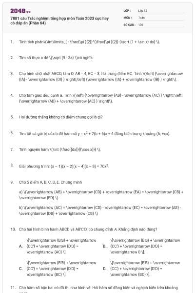7881 câu Trắc nghiệm tổng hợp môn Toán 2023 cực hay có đáp án (Phần 64)