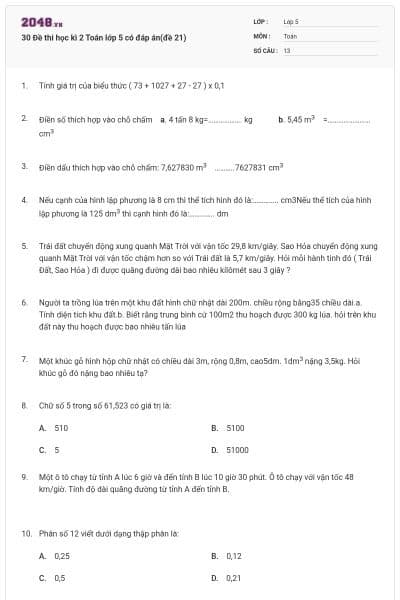 30 Đề thi học kì 2 Toán lớp 5 có đáp án(đề 21)