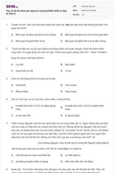 Top 10 đề thi Đánh giá năng lực trường ĐHQG HCM có đáp án (Đề 6)