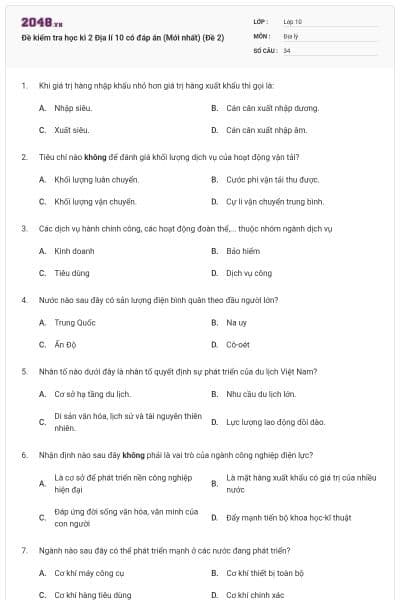 Đề kiểm tra học kì 2 Địa lí 10 có đáp án (Mới nhất) (Đề 2)