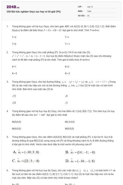 256 Bài trắc nghiệm Oxyz cực hay có lời giải (P6)