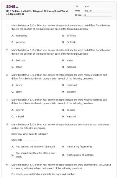 Bộ 3 Đề kiểm tra Unit 9 - Tiếng anh 10 iLearn Smart World có đáp án (Đề 3)