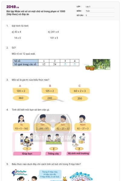 Bài tập Nhân với số có một chữ số trong phạm vi 1000 (tiếp theo) có đáp án