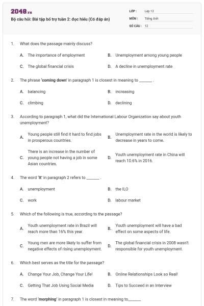 Bộ câu hỏi: Bài tập bổ trợ tuần 2: đọc hiểu (Có đáp án)