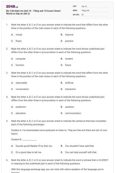 Bộ 3 Đề kiểm tra Unit 10 - Tiếng anh 10 iLearn Smart World có đáp án (Đề 2)