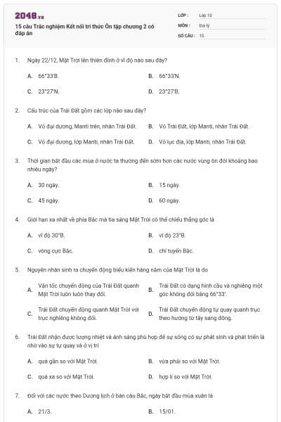 15 câu Trắc nghiệm Kết nối tri thức Ôn tập chương 2 có đáp án