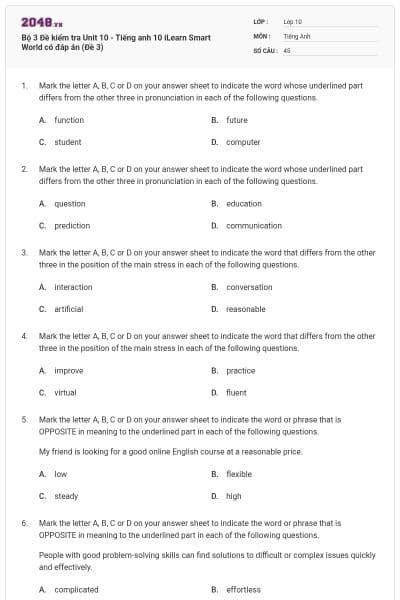 Bộ 3 Đề kiểm tra Unit 10 - Tiếng anh 10 iLearn Smart World có đáp án (Đề 3)
