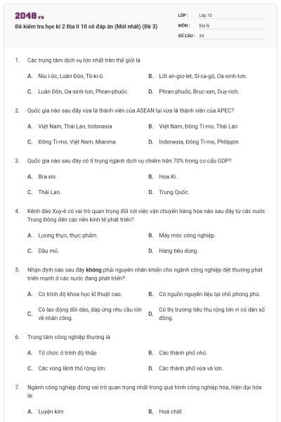 Đề kiểm tra học kì 2 Địa lí 10 có đáp án (Mới nhất) (Đề 3)