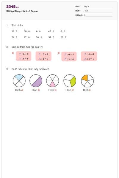 Bài tập Bảng chia 6 có đáp án