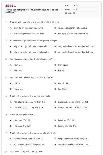 15 câu Trắc nghiệm Địa lí 10 Kết nối tri thức Bài 7 có đáp án (Phần 1)