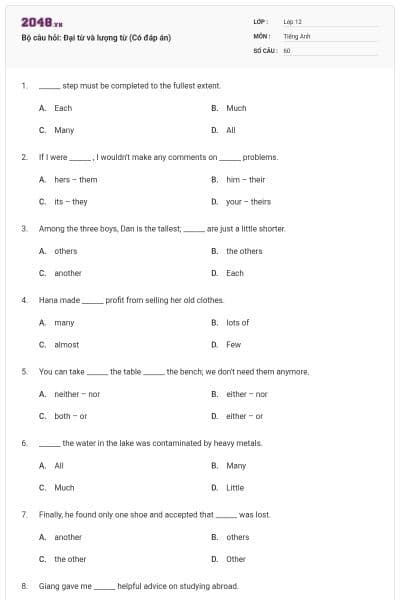 Bộ câu hỏi: Đại từ và lượng từ (Có đáp án)